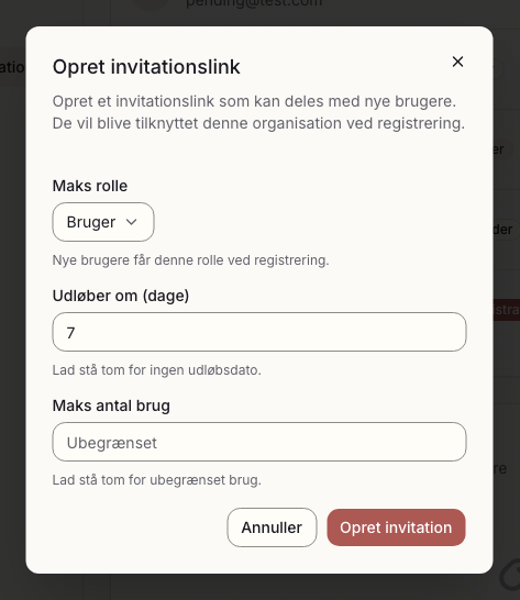 Dialogen Opret invitationslink