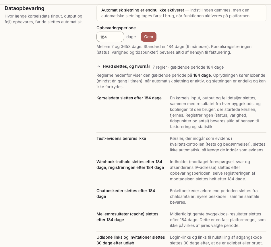 Blokken Dataopbevaring under Organisation → Generelt med opbevaringsperiode og regelbogen foldet ud