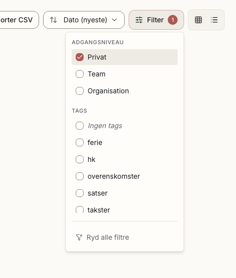 Filter-popoveren med Adgangsniveau og Tags