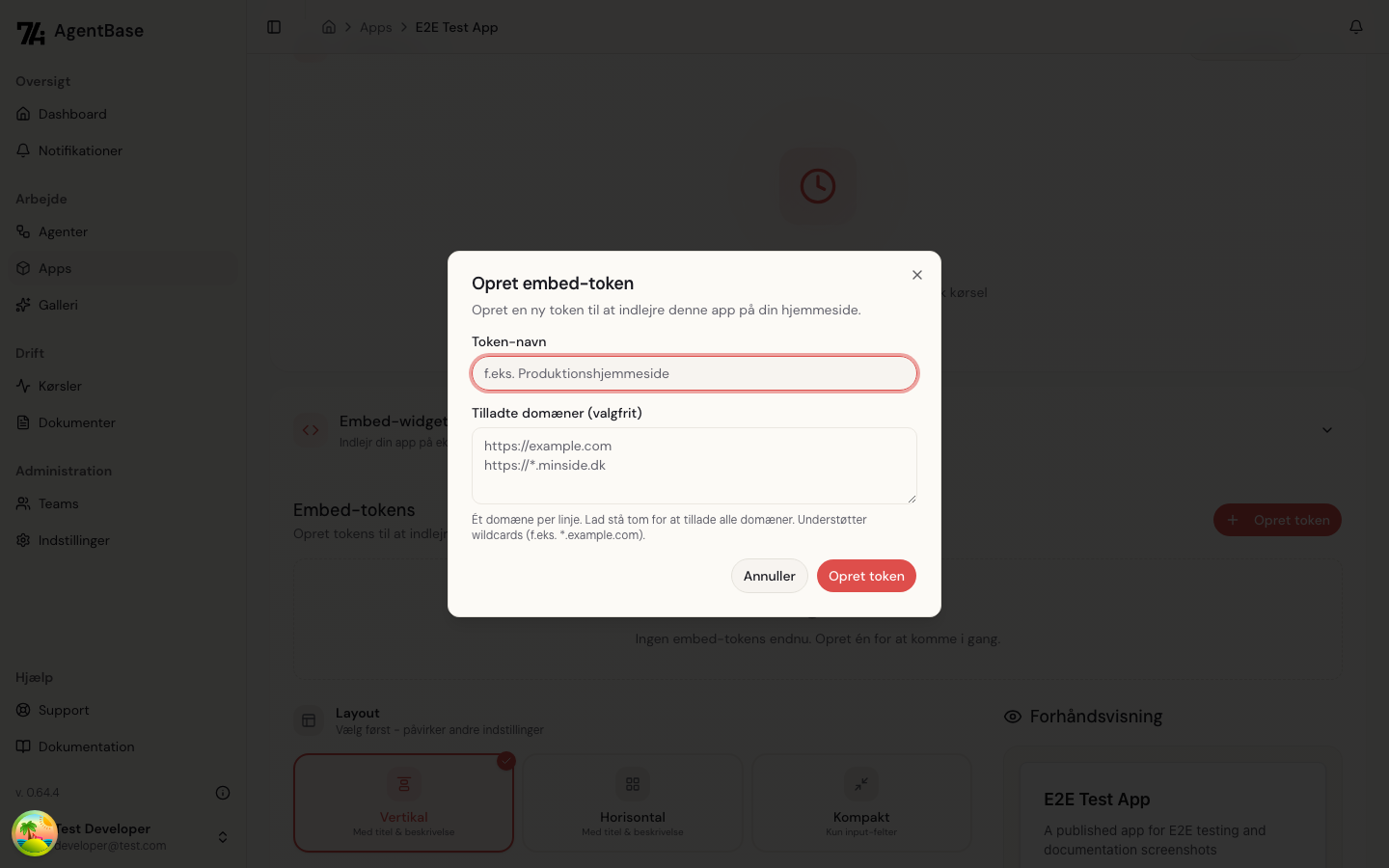 Opret token dialog