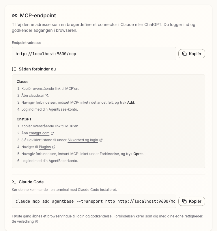 Kortet MCP-endpoint på siden Udviklerværktøjer med knappen Kopiér adresse og trinlister for Claude og ChatGPT