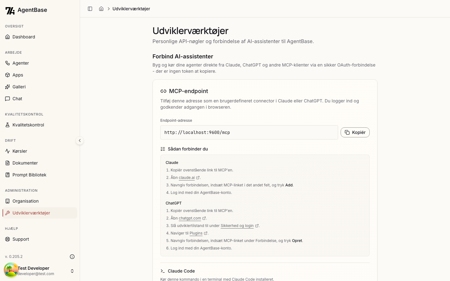Udviklerværktøjer med afsnittet Forbind AI-assistenter og API-nøgler