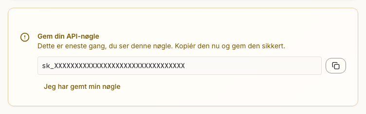 Kortet Gem din API-nøgle med nøglen og knappen Jeg har gemt min nøgle